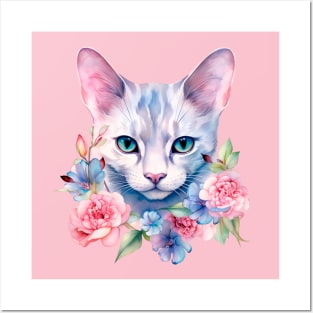 Watercolor romantic cat in flowers Posters and Art